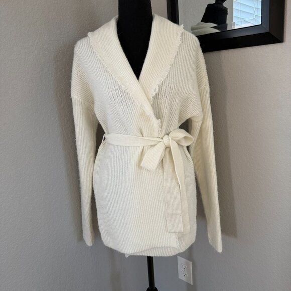FRYE Salt Breeze Cream Fringe Tie-Waist Cardigan Sweater Medium - Picture 2 of 12